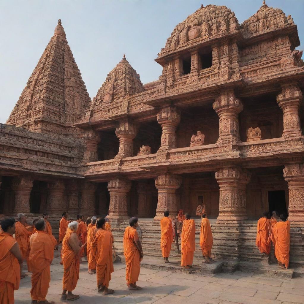 A radiant scene at the Ayodhya Ram temple, with representations of various gods observing the scene. The atmosphere is filled with divine energy and tranquility.