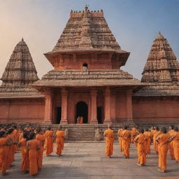 A radiant scene at the Ayodhya Ram temple, with representations of various gods observing the scene. The atmosphere is filled with divine energy and tranquility.