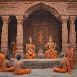 A radiant scene at the Ayodhya Ram temple, with representations of various gods observing the scene. The atmosphere is filled with divine energy and tranquility.