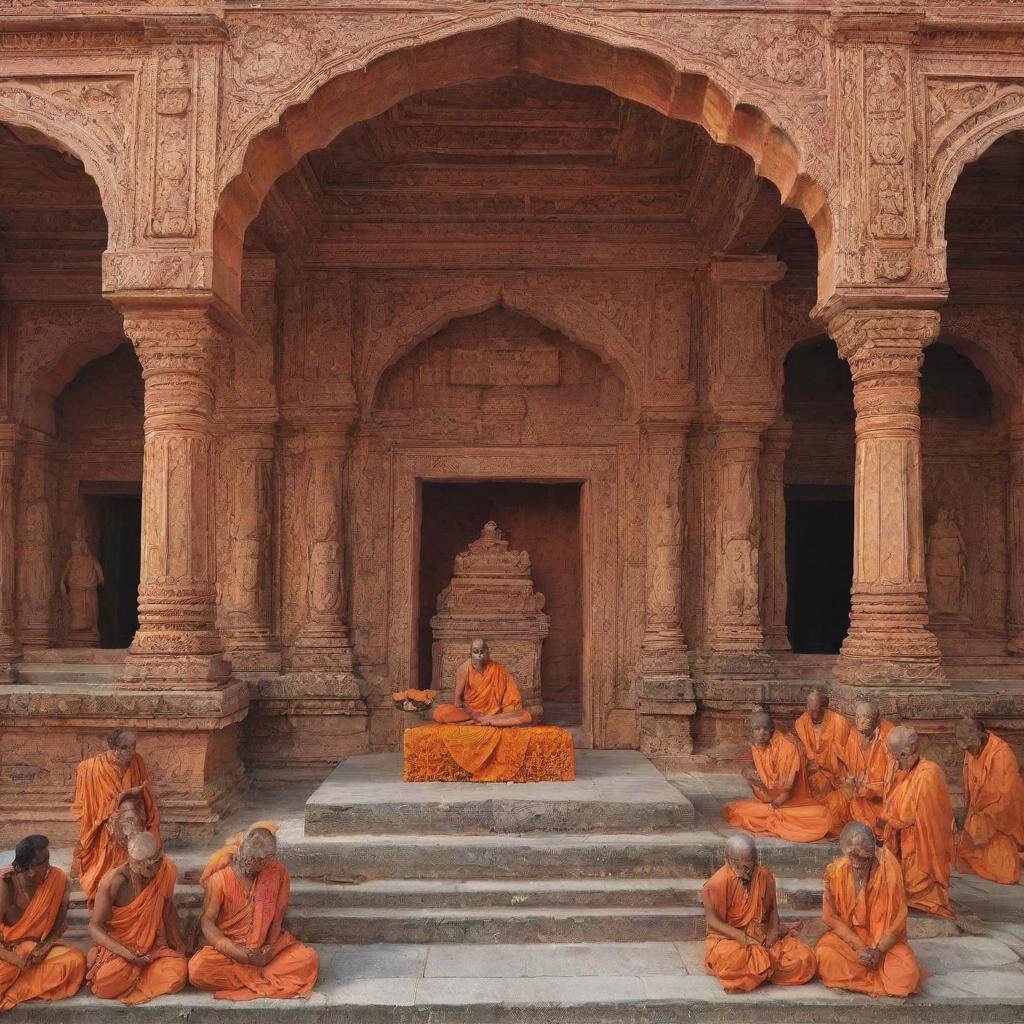 A radiant scene at the Ayodhya Ram temple, with representations of various gods observing the scene. The atmosphere is filled with divine energy and tranquility.