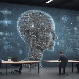 An intricate digital mural depicting Artificial Intelligence as an aid seamlessly integrating into modern collaborative business environments, symbolizing innovation and the next wave of collaborative solutions.