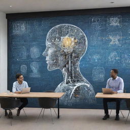 An intricate digital mural depicting Artificial Intelligence as an aid seamlessly integrating into modern collaborative business environments, symbolizing innovation and the next wave of collaborative solutions.