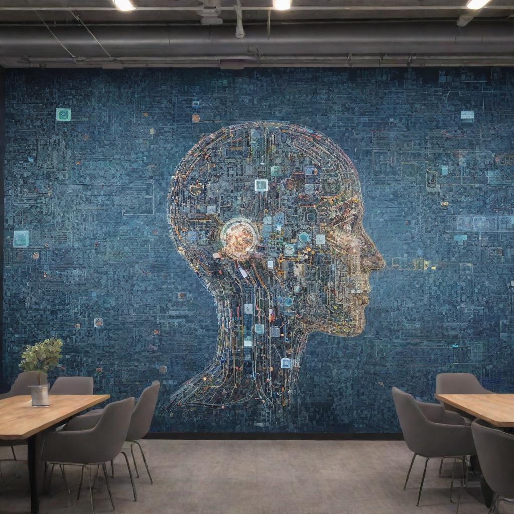 An intricate digital mural depicting Artificial Intelligence as an aid seamlessly integrating into modern collaborative business environments, symbolizing innovation and the next wave of collaborative solutions.