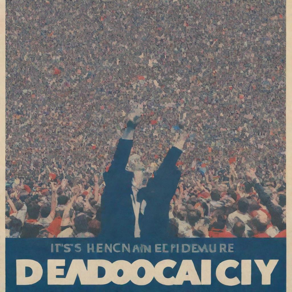 A large, inspiring poster advocating for democracy. It features powerful symbolism, diverse crowd of people, and bold lettering that promotes positive democratic values.