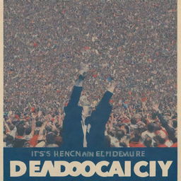 A large, inspiring poster advocating for democracy. It features powerful symbolism, diverse crowd of people, and bold lettering that promotes positive democratic values.