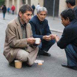 Generous people giving money into a cup held by a sitting beggar on the city street side.