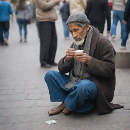 Generous people giving money into a cup held by a sitting beggar on the city street side.