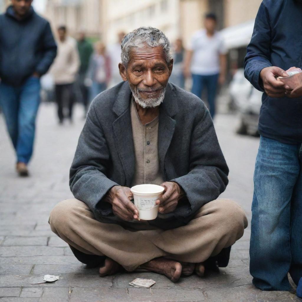 Generous people giving money into a cup held by a sitting beggar on the city street side.