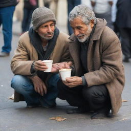 Generous people giving money into a cup held by a sitting beggar on the city street side.