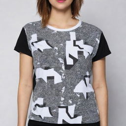 A black and white t-shirt featuring a unique and captivating design