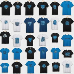 50 images of a black and blue t-shirt with a creative design on a white background