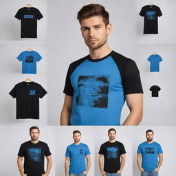 50 images of a black and blue t-shirt with a creative design on a white background