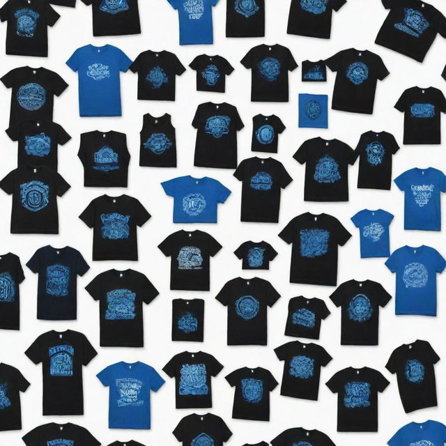 50 images of a black and blue t-shirt with a creative design on a white background