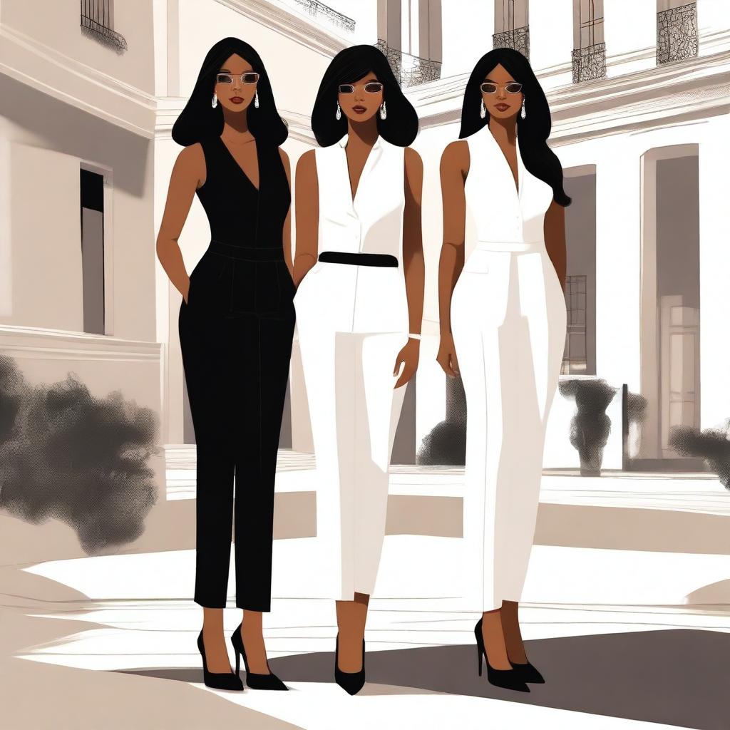 A high-quality digital art depicting three women standing closely together outdoors, exuding confidence and elegance