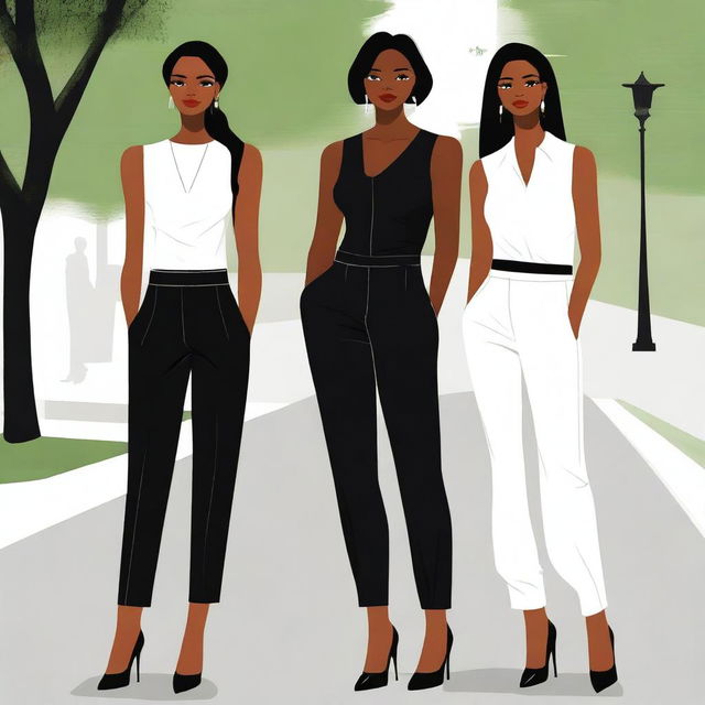 A high-quality digital art depicting three women standing closely together outdoors, exuding confidence and elegance