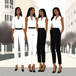 A high-quality digital art depicting three women standing closely together outdoors, exuding confidence and elegance