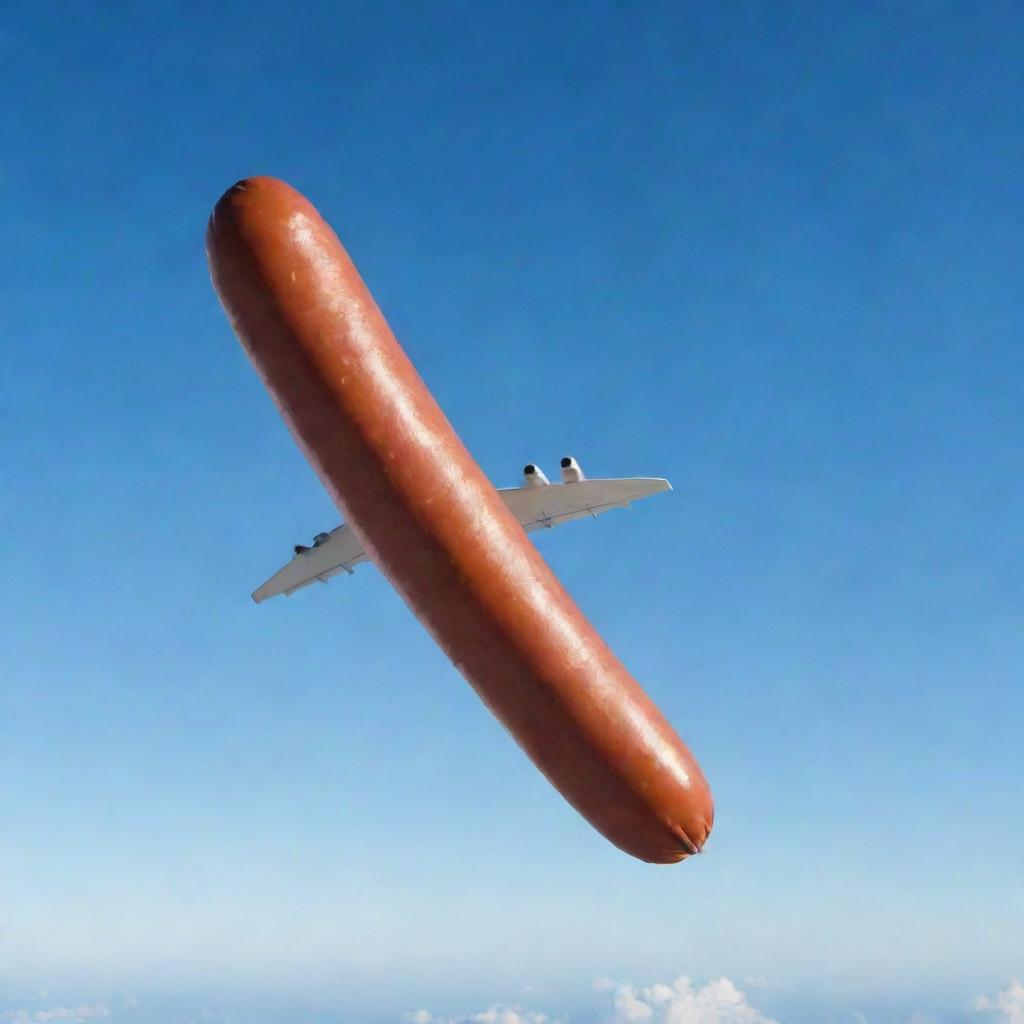 A sausage is falling from an airplane, with a clear sky in the background and the plane flying at high altitude.