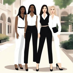 A high-quality digital art depicting three women standing closely together outdoors, exuding confidence and elegance