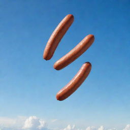 A sausage is falling from an airplane, with a clear sky in the background and the plane flying at high altitude.