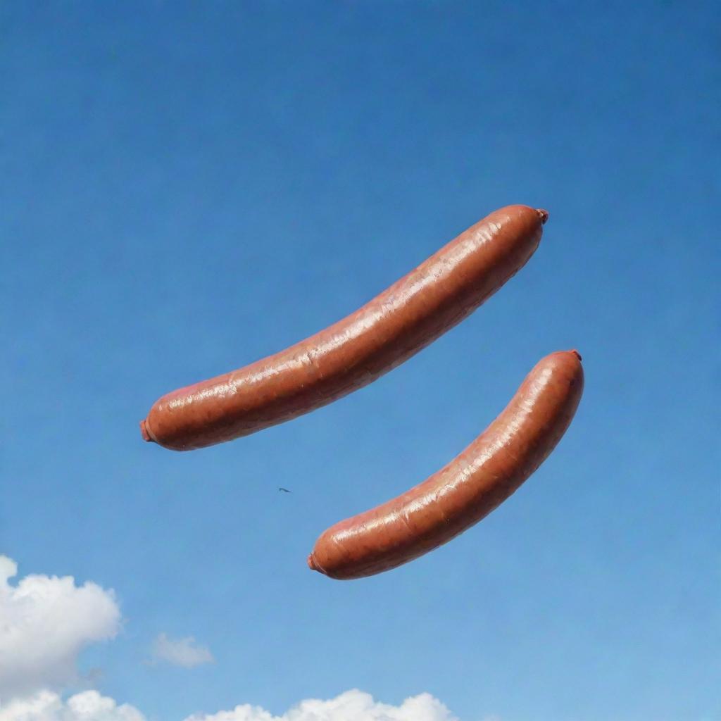 A sausage is falling from an airplane, with a clear sky in the background and the plane flying at high altitude.