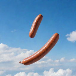 A sausage is falling from an airplane, with a clear sky in the background and the plane flying at high altitude.