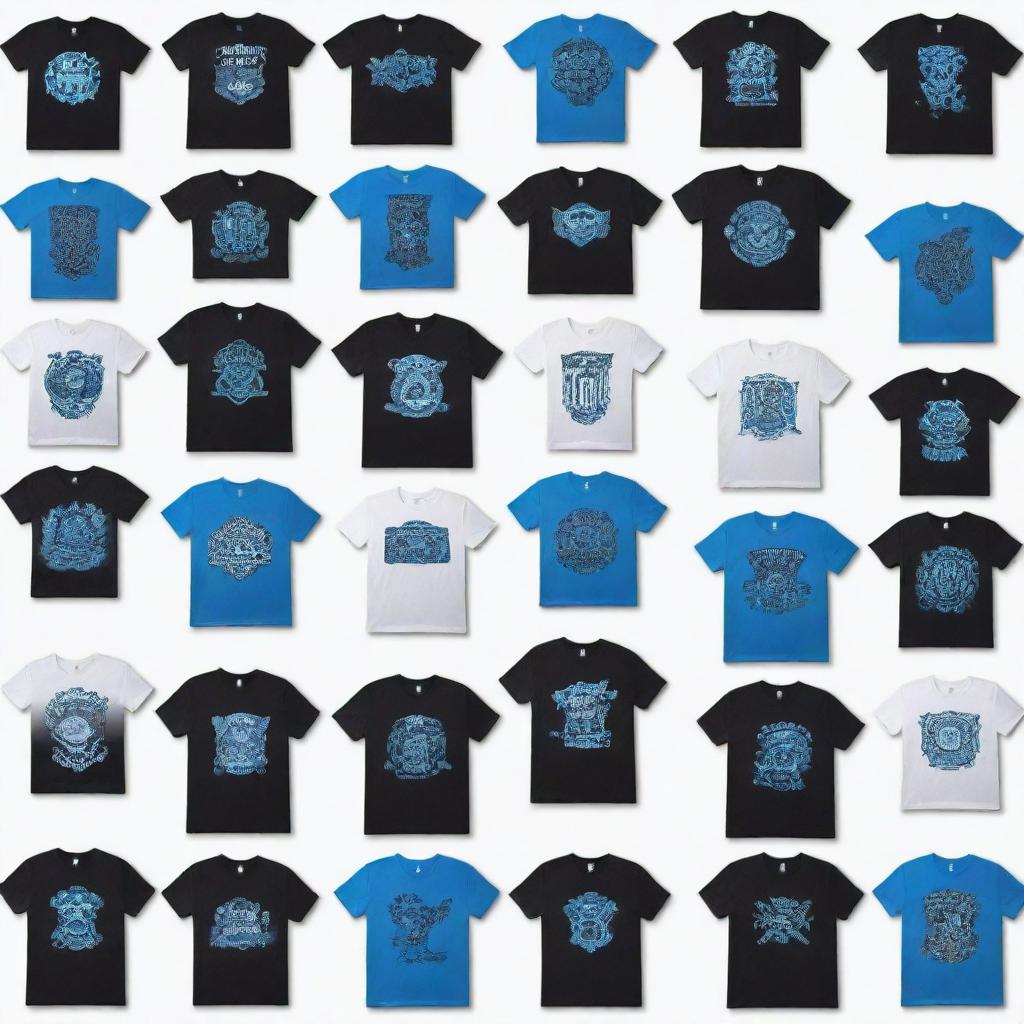 50 individual images of a black and blue t-shirt with a unique design, each on a white background