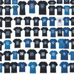 50 individual images of a black and blue t-shirt with a unique design, each on a white background