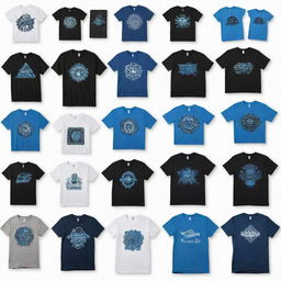 50 individual images of a black and blue t-shirt with a unique design, each on a white background