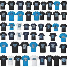 50 individual images of a black and blue t-shirt with a unique design, each on a white background