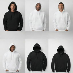 Single images of black and white hoodies for men, each on a white background