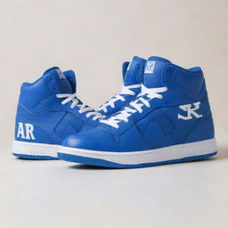 Blue high top basketball shoes with streaks of white, prominently displaying the initials 'AR' on the side