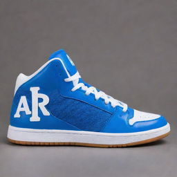 Blue high top basketball shoes with streaks of white, prominently displaying the initials 'AR' on the side