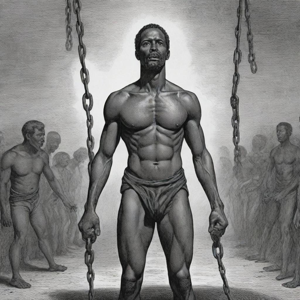 A historial illustration showcasing the chains and shackles of slavery, focused on voices crying out for freedom, symbolism of freedom in the background.