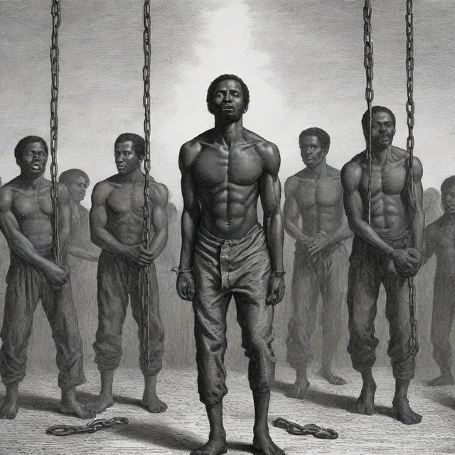 A historial illustration showcasing the chains and shackles of slavery, focused on voices crying out for freedom, symbolism of freedom in the background.