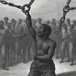 A historial illustration showcasing the chains and shackles of slavery, focused on voices crying out for freedom, symbolism of freedom in the background.