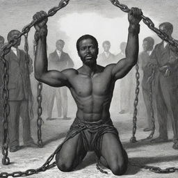 A historial illustration showcasing the chains and shackles of slavery, focused on voices crying out for freedom, symbolism of freedom in the background.