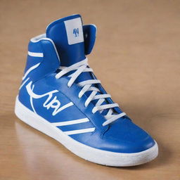 Blue high top basketball shoes with streaks of white, prominently displaying the initials 'AR' on the side