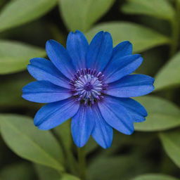 A vibrant blue flower in its prime, showcasing intricate petals and a lush green setting