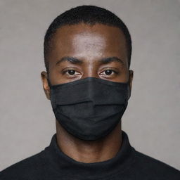 A confident black man with very short hair, dressed in all black clothing including a black face mask.