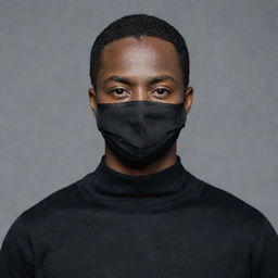 A confident black man with very short hair, dressed in all black clothing including a black face mask.