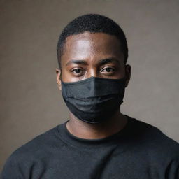 A confident black man with very short hair, dressed in all black clothing including a black face mask.