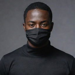 A confident black man with very short hair, dressed in all black clothing including a black face mask.