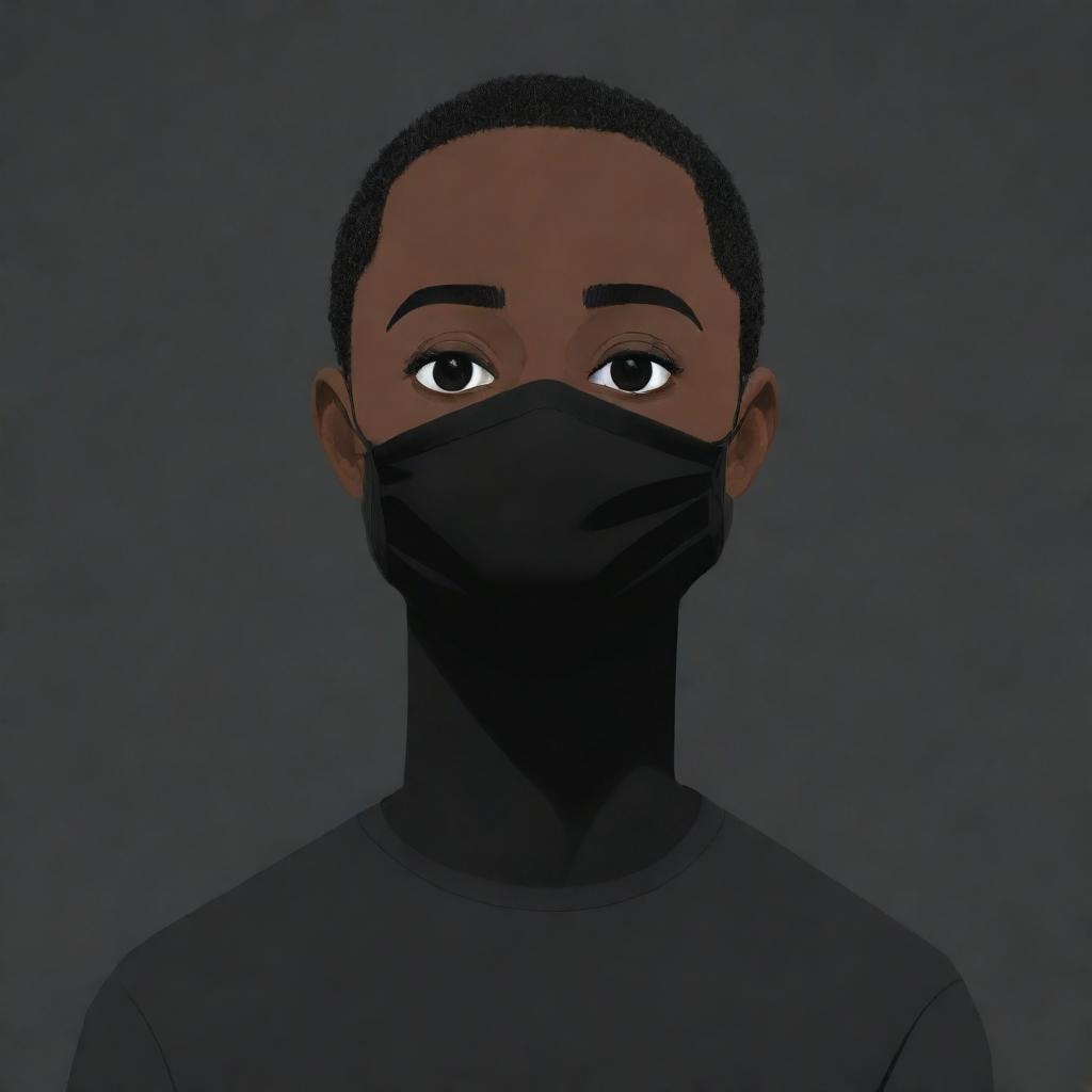 A cartoon of a black man with very short hair, dressed in all black clothing including a black face mask.