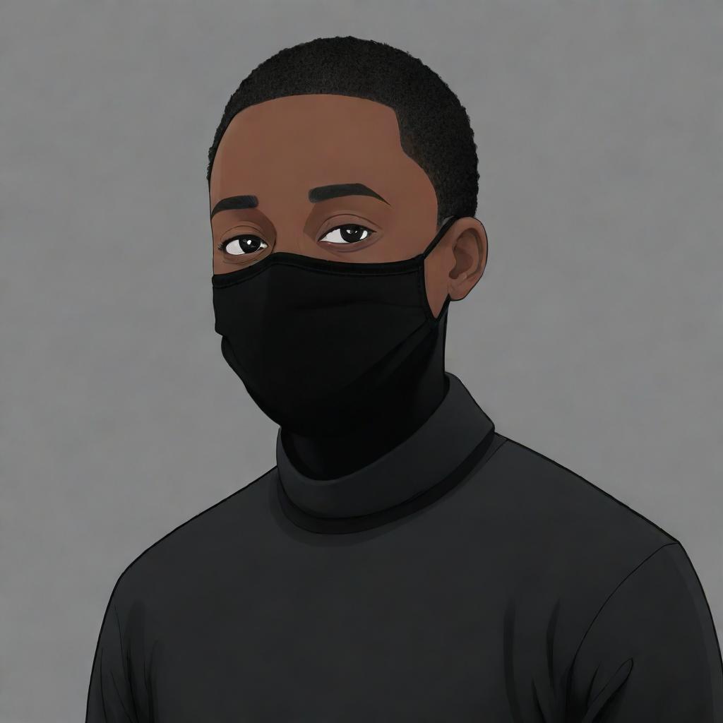 A cartoon of a black man with very short hair, dressed in all black clothing including a black face mask.