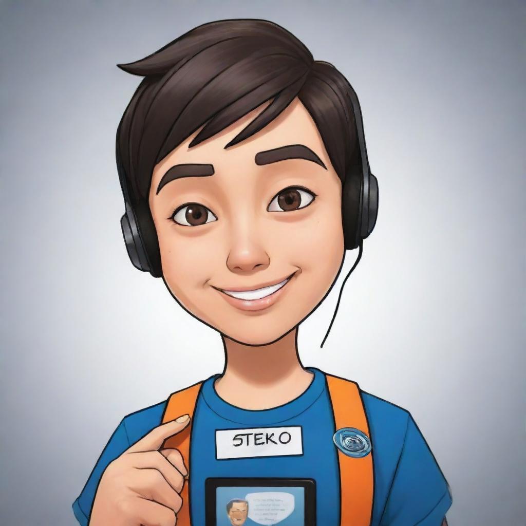 A cartoon-style human profile picture, the character is handing over a name tag with 'steko gaming' written on it.