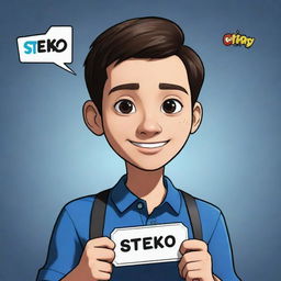 A cartoon-style human profile picture, the character is handing over a name tag with 'steko gaming' written on it.