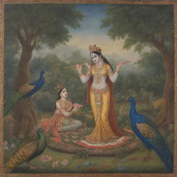 A regal depiction of Lord Krishna playing a divine flute, surrounded by serene ambiance with peacocks dancing nearby and Radha listening devoutly.