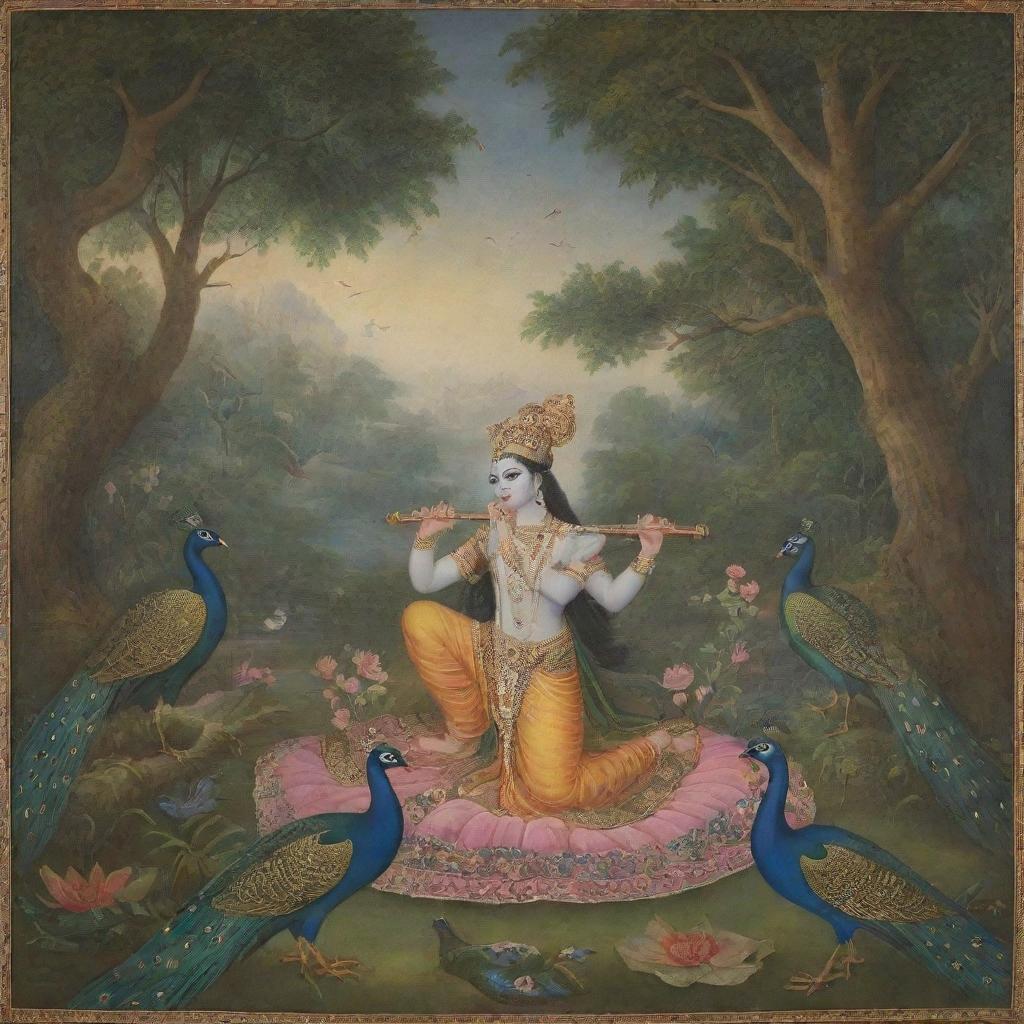 A regal depiction of Lord Krishna playing a divine flute, surrounded by serene ambiance with peacocks dancing nearby and Radha listening devoutly.