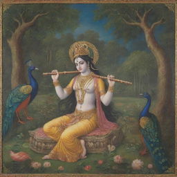 A regal depiction of Lord Krishna playing a divine flute, surrounded by serene ambiance with peacocks dancing nearby and Radha listening devoutly.