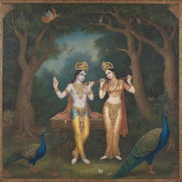 A regal depiction of Lord Krishna playing a divine flute, surrounded by serene ambiance with peacocks dancing nearby and Radha listening devoutly.